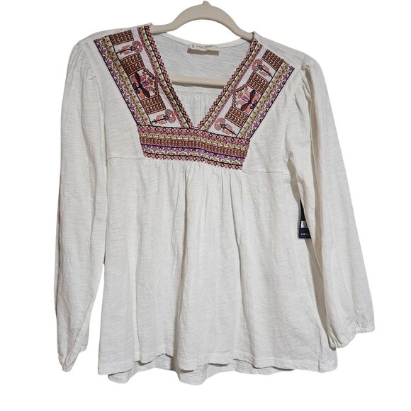 Lucky Brand Women’s Embroidered Top Ivory L Boho Chic Vintage Roadtrip Folk - Picture 2 of 16